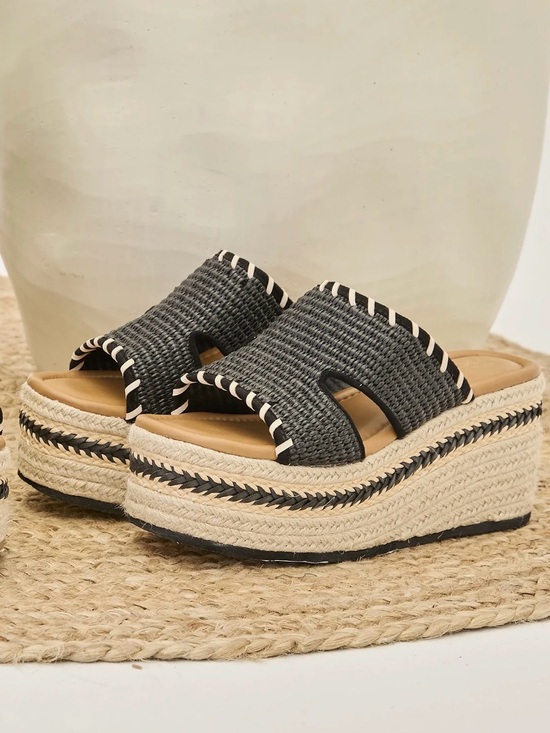 Nekane Shoes - Woven Black Platform Slide Sandals